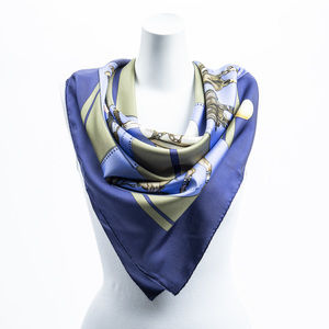 Hermes Scarf in Navy/Dark Green/Blue/Brown 100% Twill Silk